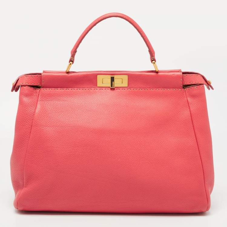 Pre Owned Fendi Coral Selleria Leather Large Peekaboo Top Handle Bag