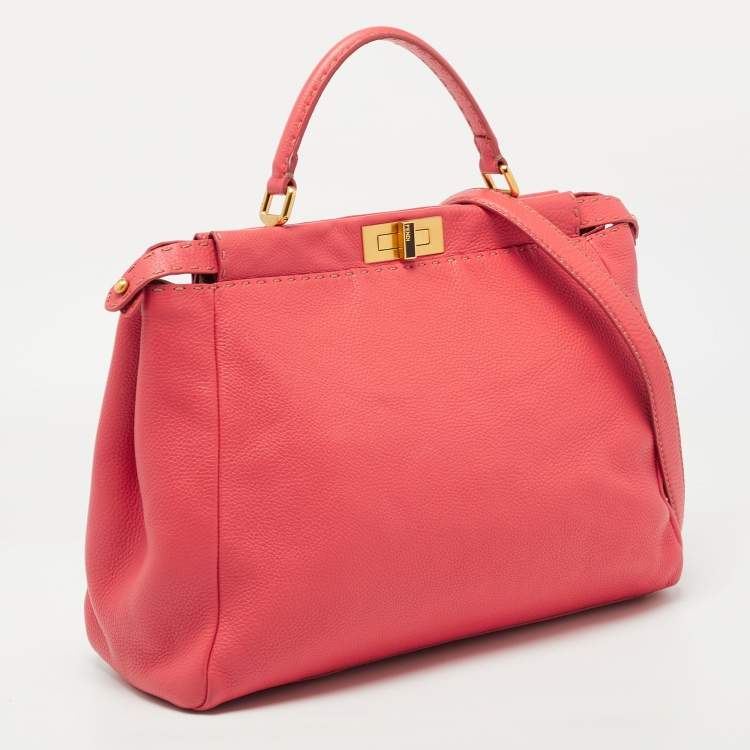 Pre Owned Fendi Coral Selleria Leather Large Peekaboo Top Handle Bag