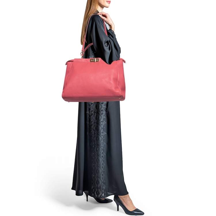 Pre Owned Fendi Coral Selleria Leather Large Peekaboo Top Handle Bag