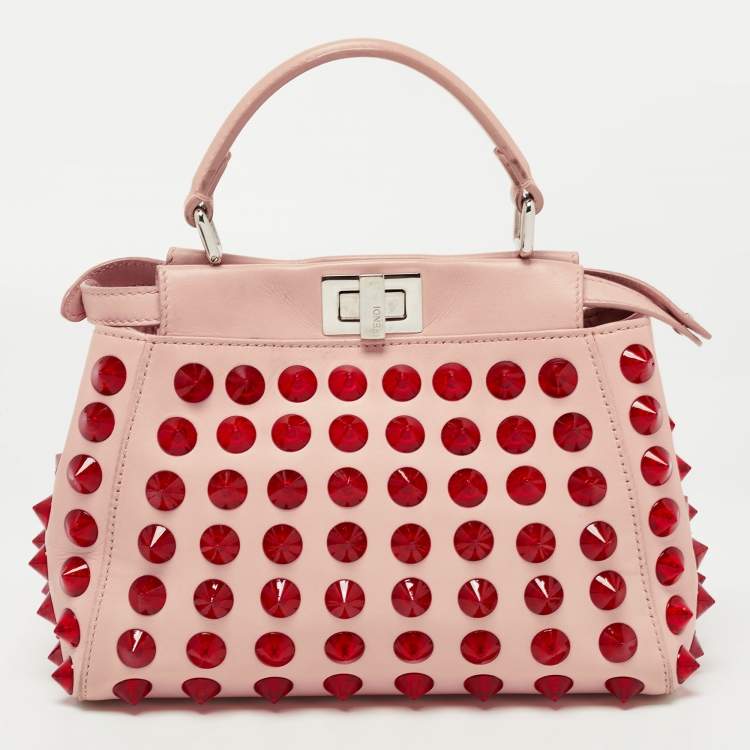 Pre Owned Fendi Light Pink Leather Mini Peekaboo Studded Top Handle Bag