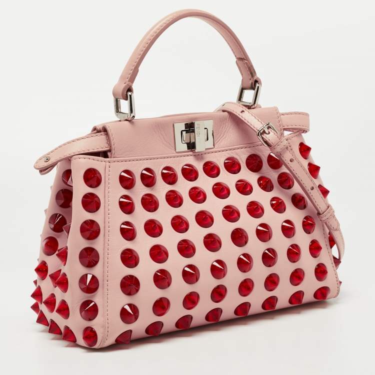 Pre Owned Fendi Light Pink Leather Mini Peekaboo Studded Top Handle Bag