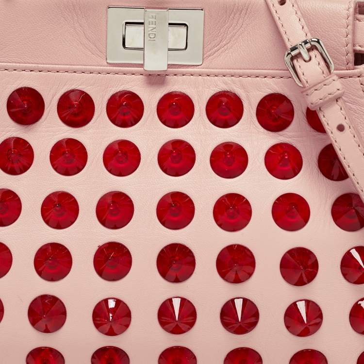 Pre Owned Fendi Light Pink Leather Mini Peekaboo Studded Top Handle Bag