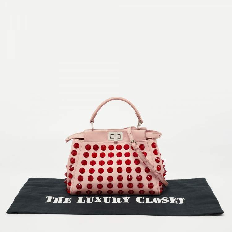 Pre Owned Fendi Light Pink Leather Mini Peekaboo Studded Top Handle Bag