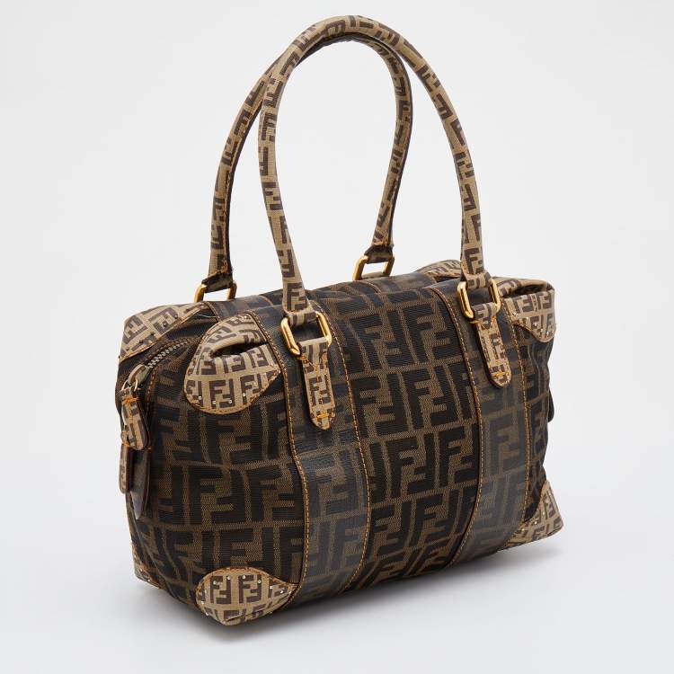 Pre Owned Fendi Brown Zucca Canvas and Coated Canvas Boston Bag