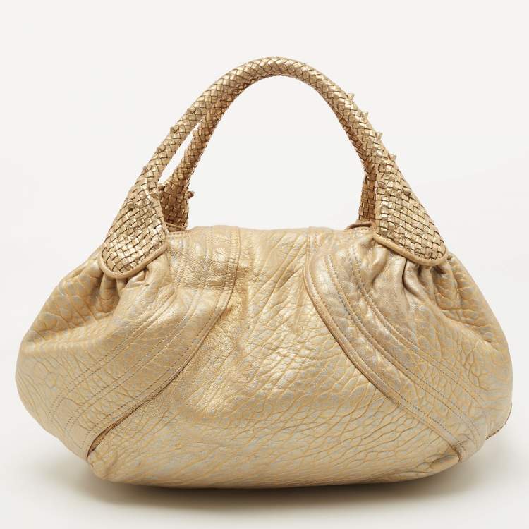 Pre Owned Fendi Metallic Gold Textured Leather Spy Hobo