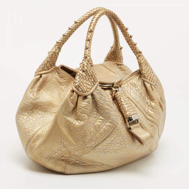 Pre Owned Fendi Metallic Gold Textured Leather Spy Hobo