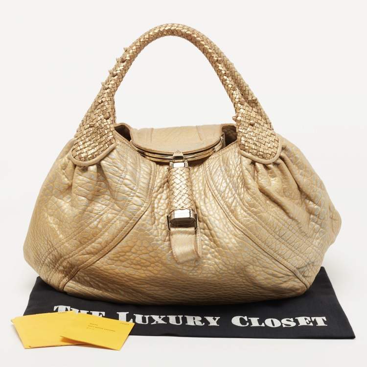 Pre Owned Fendi Metallic Gold Textured Leather Spy Hobo