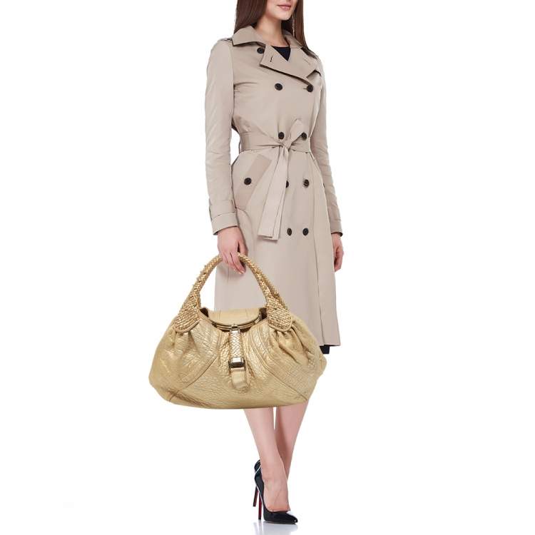 Pre Owned Fendi Metallic Gold Textured Leather Spy Hobo