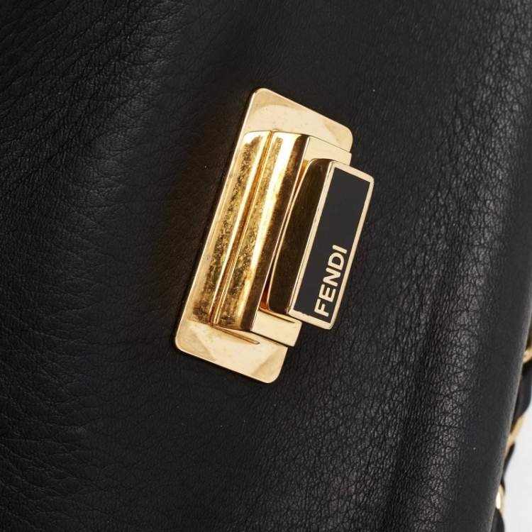Pre Owned Fendi Black Pequin Embossed Striped Leather Claudia Small Flap Bag