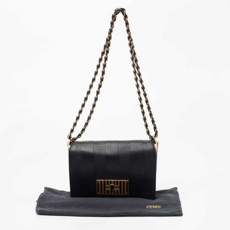 Pre Owned Fendi Black Pequin Embossed Striped Leather Claudia Small Flap Bag