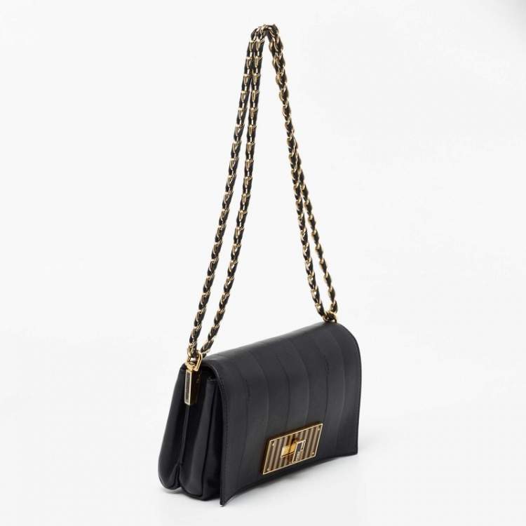 Pre Owned Fendi Black Pequin Embossed Striped Leather Claudia Small Flap Bag