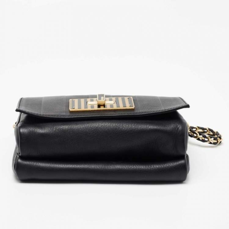 Pre Owned Fendi Black Pequin Embossed Striped Leather Claudia Small Flap Bag