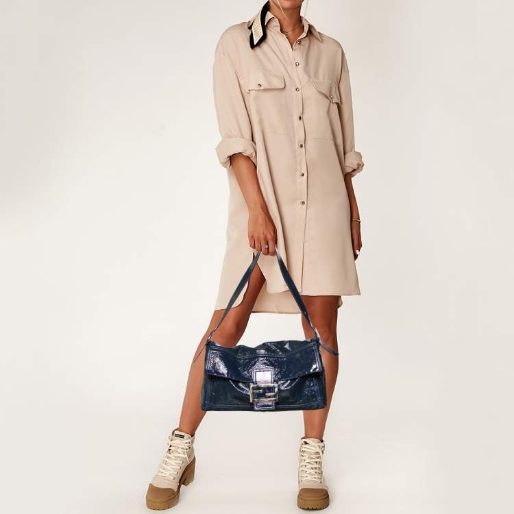 Fendi Navy Blue Patent Leather Maxi Baguette Shoulder Bag Fendi | TLC