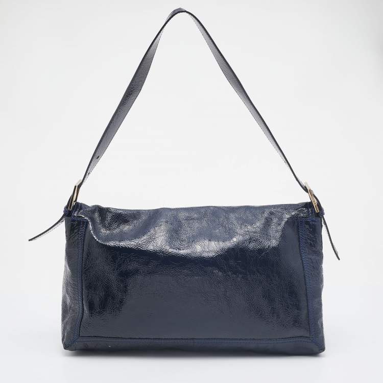 Pre Owned Fendi Navy Blue Patent Leather Maxi Baguette Shoulder Bag