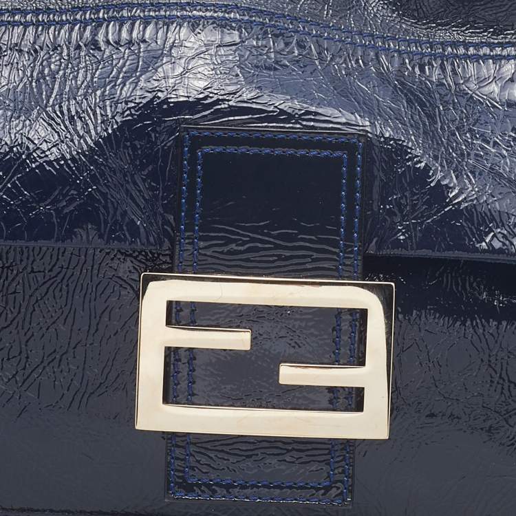 Pre Owned Fendi Navy Blue Patent Leather Maxi Baguette Shoulder Bag