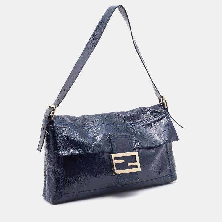 Pre Owned Fendi Navy Blue Patent Leather Maxi Baguette Shoulder Bag