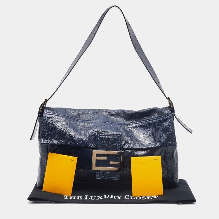 Pre Owned Fendi Navy Blue Patent Leather Maxi Baguette Shoulder Bag