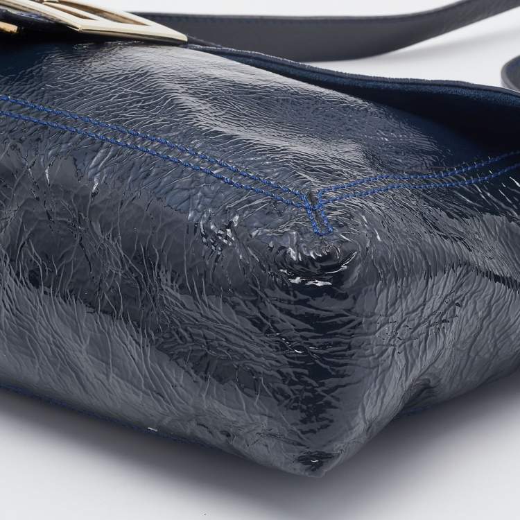Pre Owned Fendi Navy Blue Patent Leather Maxi Baguette Shoulder Bag