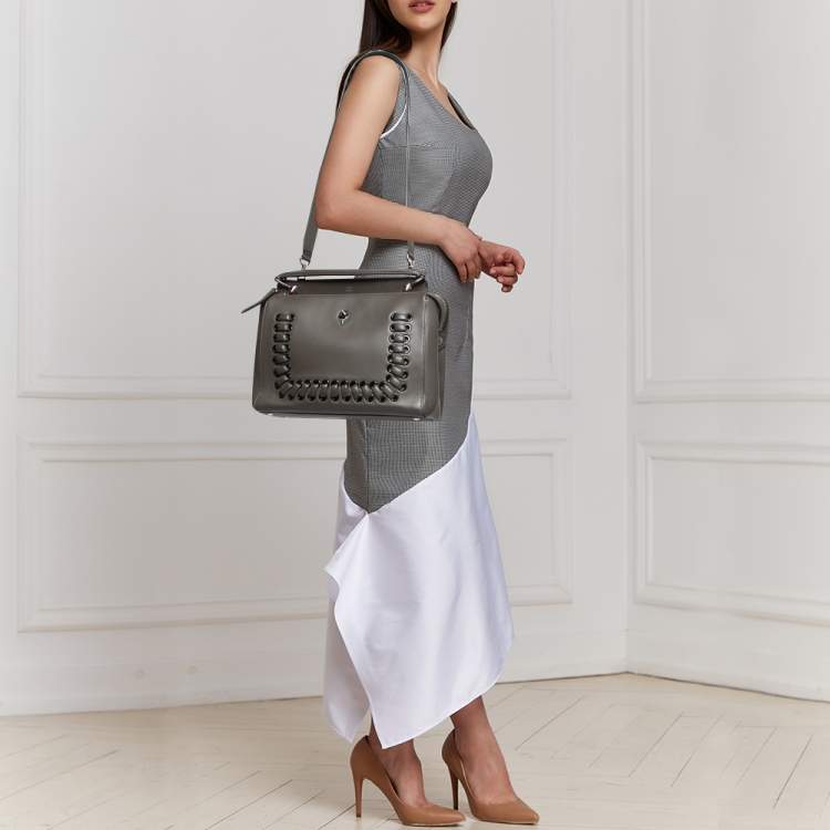Pre Owned Fendi Dark Grey Leather Dotcom Top Handle Bag