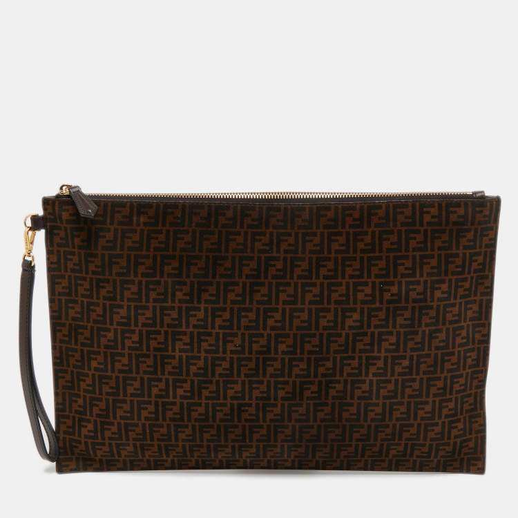 Pre Owned Fendi Tobacco Zucchino Suede and Leather Zip Wristlet Pouch
