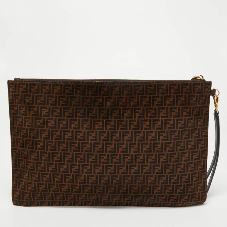 Pre Owned Fendi Tobacco Zucchino Suede and Leather Zip Wristlet Pouch