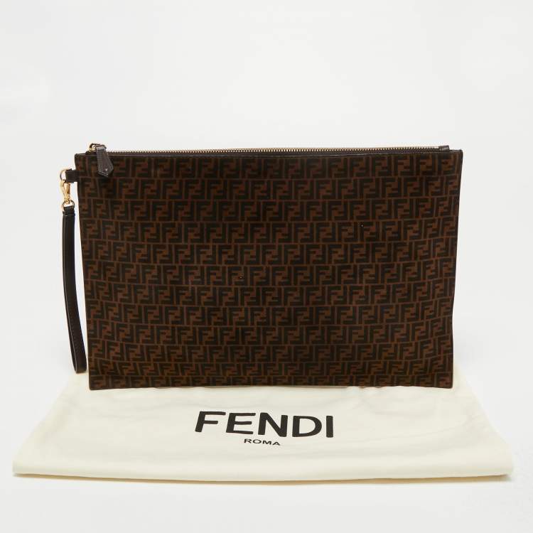 Pre Owned Fendi Tobacco Zucchino Suede and Leather Zip Wristlet Pouch
