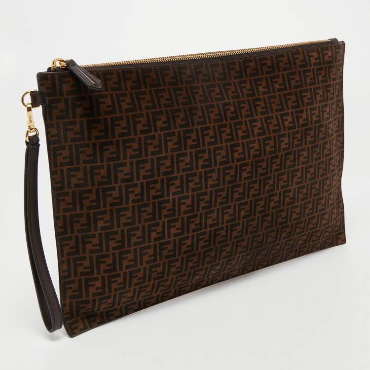 Pre Owned Fendi Tobacco Zucchino Suede and Leather Zip Wristlet Pouch