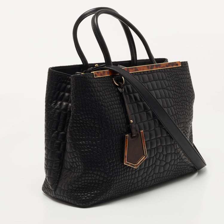 Pre Owned Fendi Black Croc Embossed Leather Medium 2Jours Tote