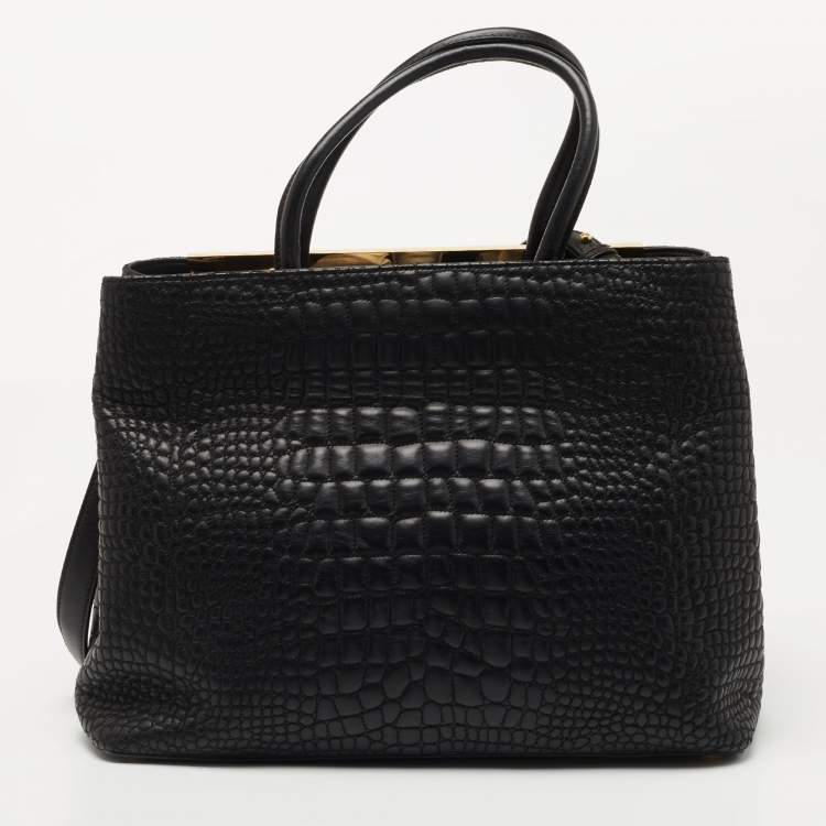 Pre Owned Fendi Black Croc Embossed Leather Medium 2Jours Tote
