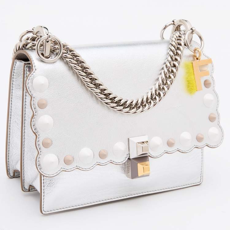 Pre Owned Fendi Metallic Silver Leather Studded Mini Kan I Chain Shoulder Bag