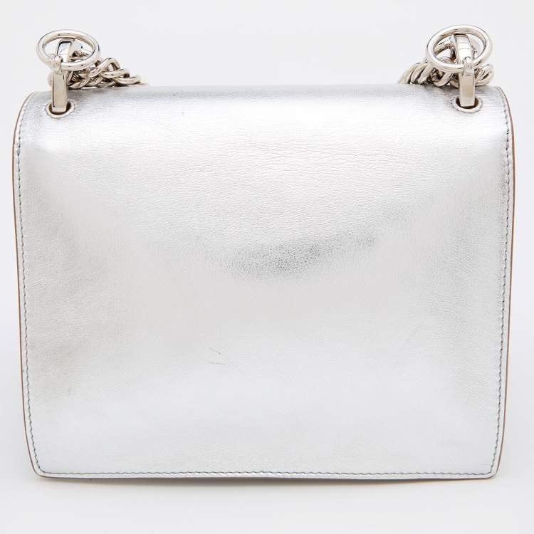 Pre Owned Fendi Metallic Silver Leather Studded Mini Kan I Chain Shoulder Bag