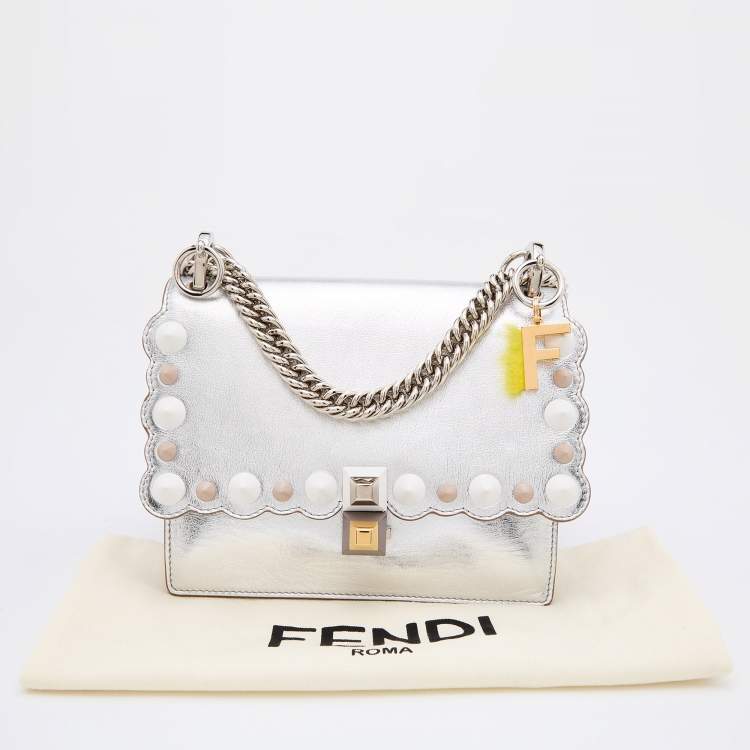 Pre Owned Fendi Metallic Silver Leather Studded Mini Kan I Chain Shoulder Bag
