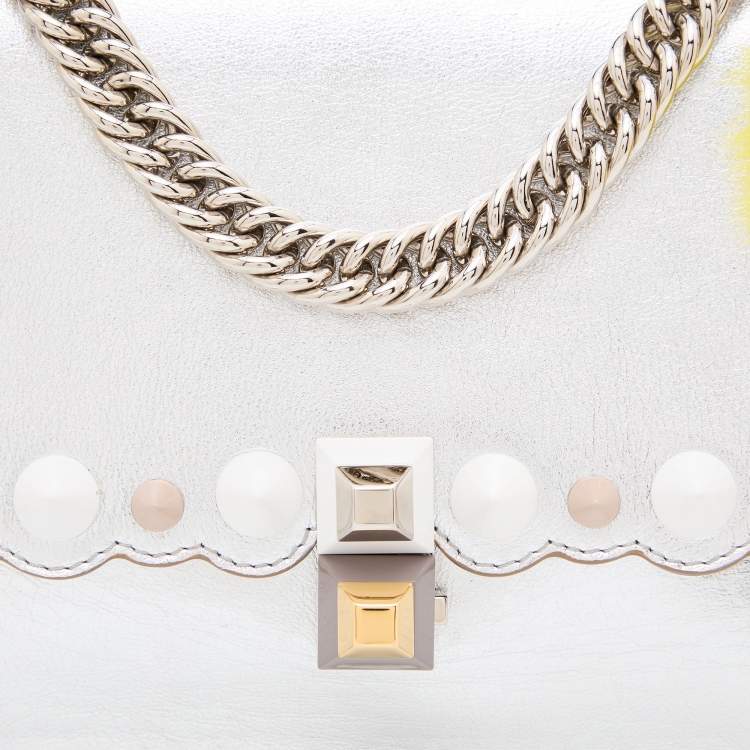 Pre Owned Fendi Metallic Silver Leather Studded Mini Kan I Chain Shoulder Bag