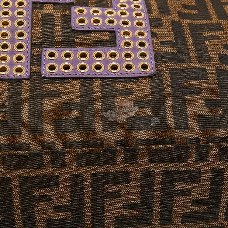 Pre Owned Fendi Tobacco/Purple Zucca Canvas and Suede Medium Chef De Jour Bag