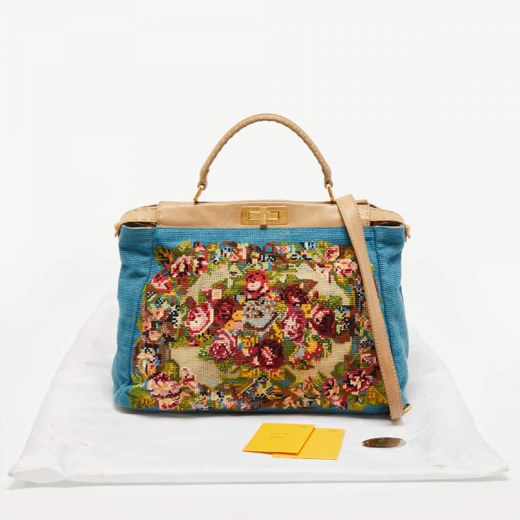 Pre Owned Fendi Multicolor Floral Embroidered Canvas and Leather Large Peekaboo Top Handle Bag