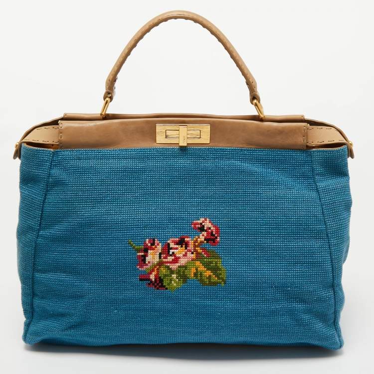 Pre Owned Fendi Multicolor Floral Embroidered Canvas and Leather Large Peekaboo Top Handle Bag