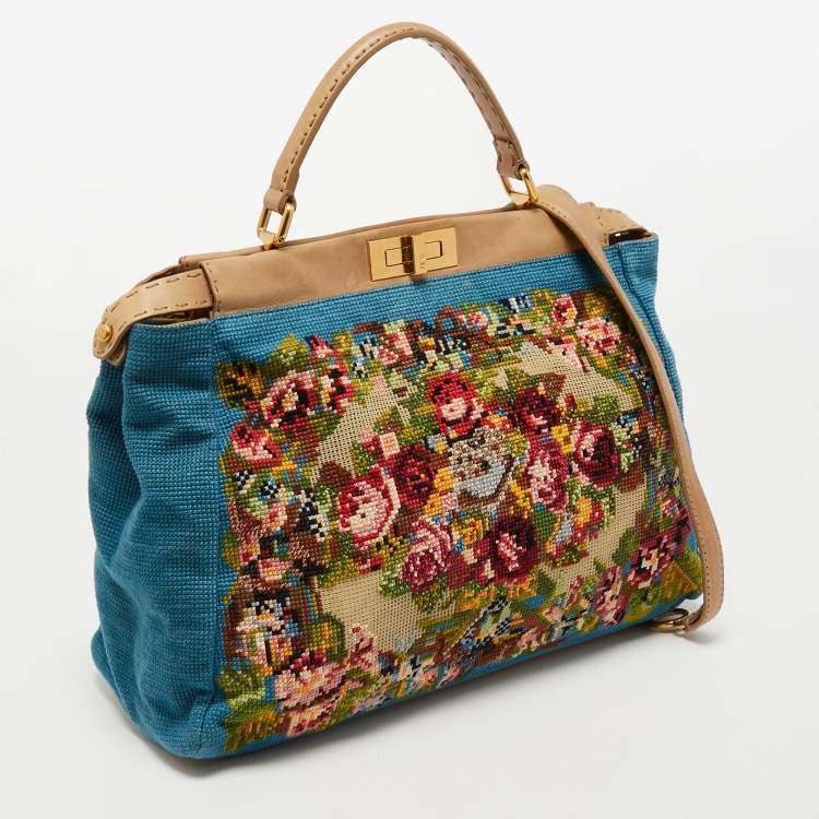 Pre Owned Fendi Multicolor Floral Embroidered Canvas and Leather Large Peekaboo Top Handle Bag