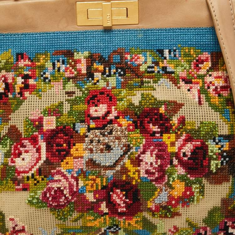 Pre Owned Fendi Multicolor Floral Embroidered Canvas and Leather Large Peekaboo Top Handle Bag