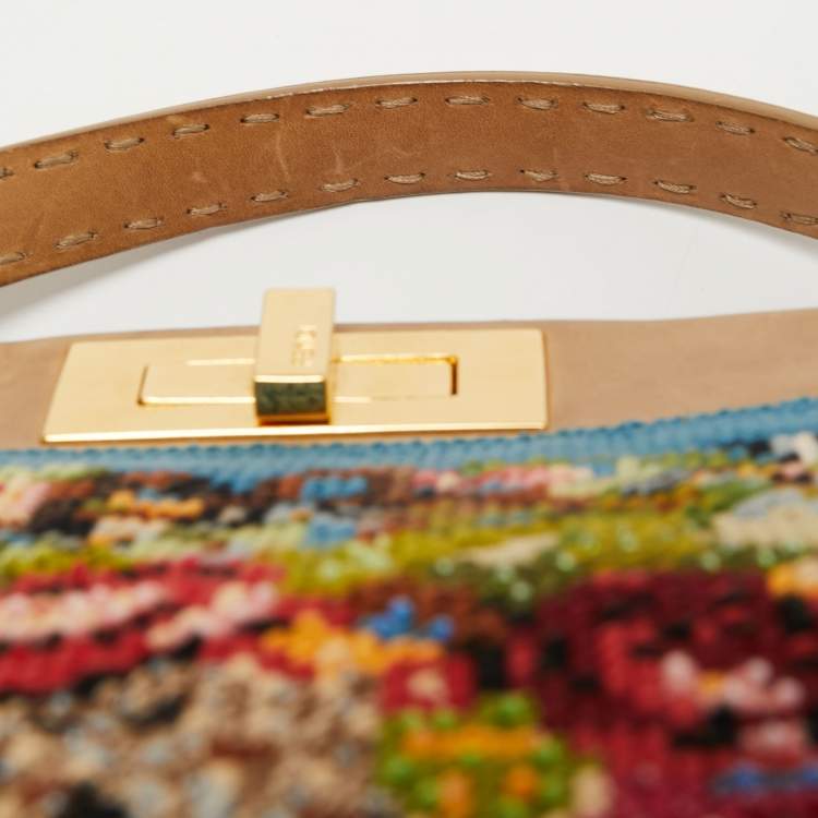 Pre Owned Fendi Multicolor Floral Embroidered Canvas and Leather Large Peekaboo Top Handle Bag