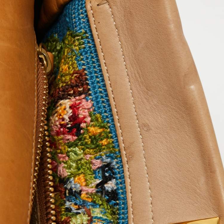 Pre Owned Fendi Multicolor Floral Embroidered Canvas and Leather Large Peekaboo Top Handle Bag