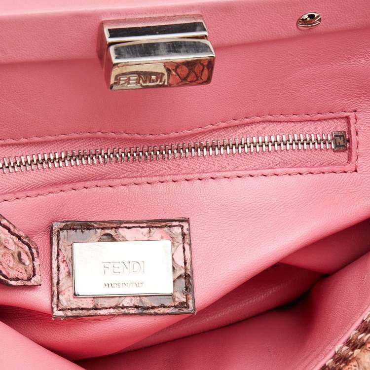 Pre Owned Fendi Peach/Brown Python Leather Mini Peekaboo Top Handle Bag