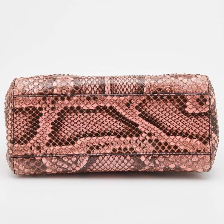 Pre Owned Fendi Peach/Brown Python Leather Mini Peekaboo Top Handle Bag