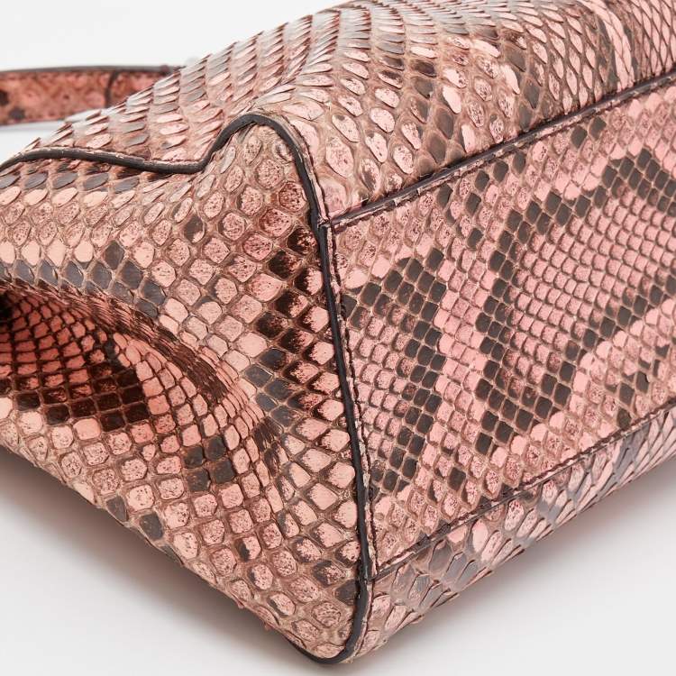Pre Owned Fendi Peach/Brown Python Leather Mini Peekaboo Top Handle Bag