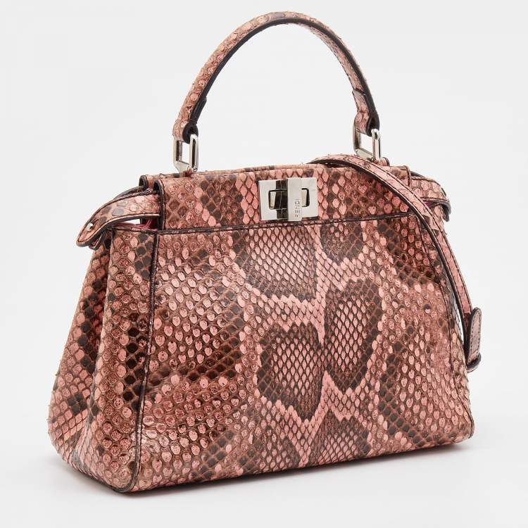 Pre Owned Fendi Peach/Brown Python Leather Mini Peekaboo Top Handle Bag