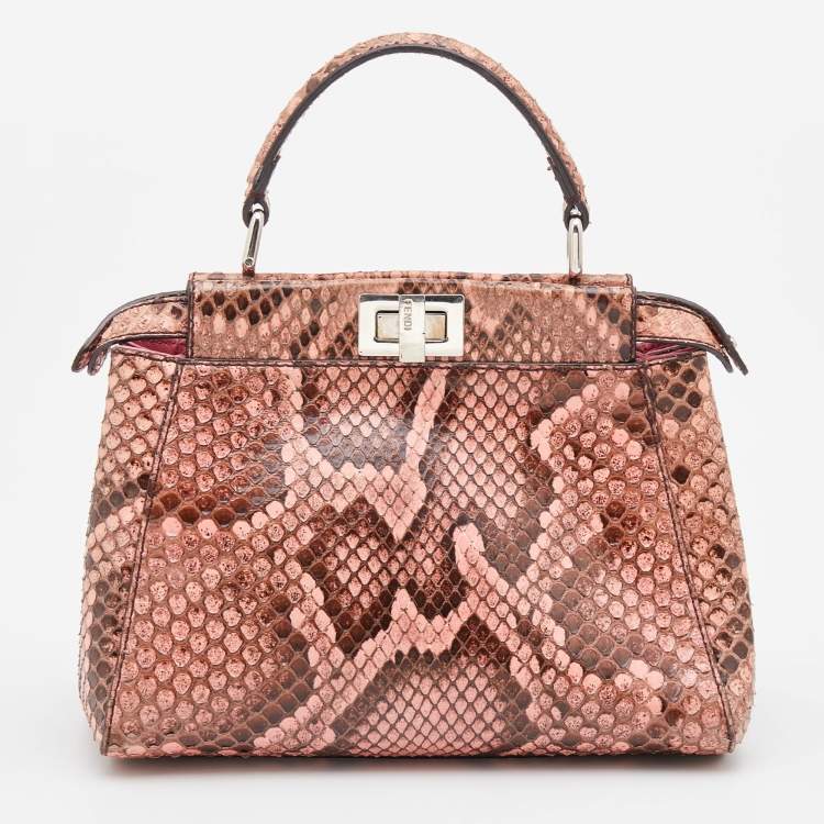 Pre Owned Fendi Peach/Brown Python Leather Mini Peekaboo Top Handle Bag