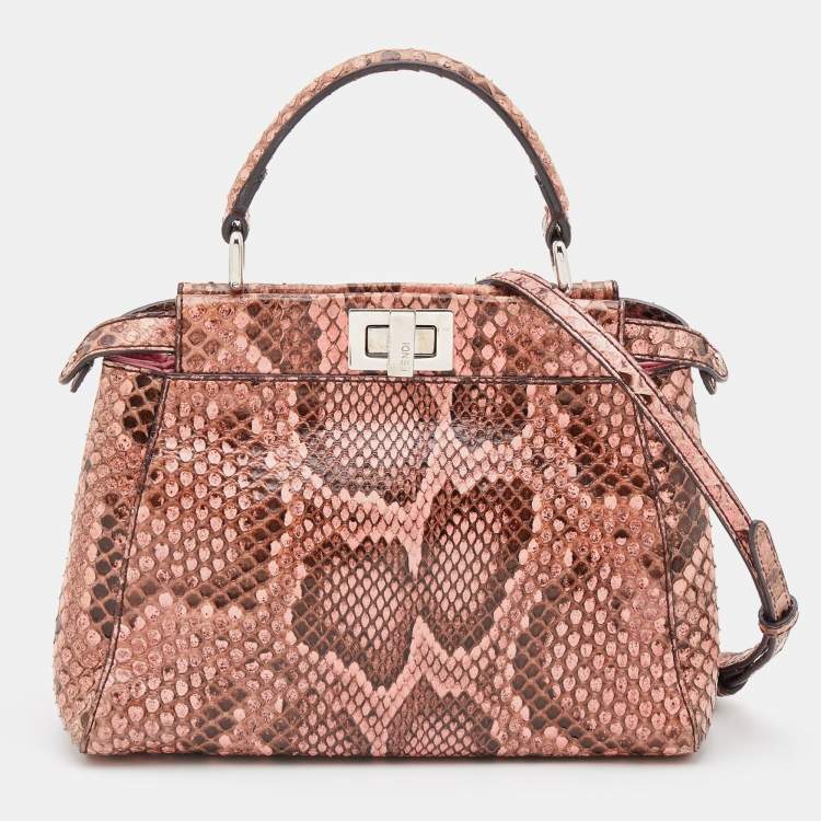 Pre Owned Fendi Peach/Brown Python Leather Mini Peekaboo Top Handle Bag