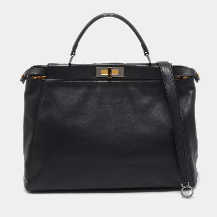 Fendi Black Leather w/ Calf Hair Lining Large Peekaboo Top Handle Bag ...