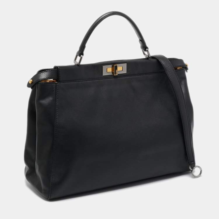 Pre Owned Fendi Black Leather w/ Calf Hair Lining Large Peekaboo Top Handle Bag