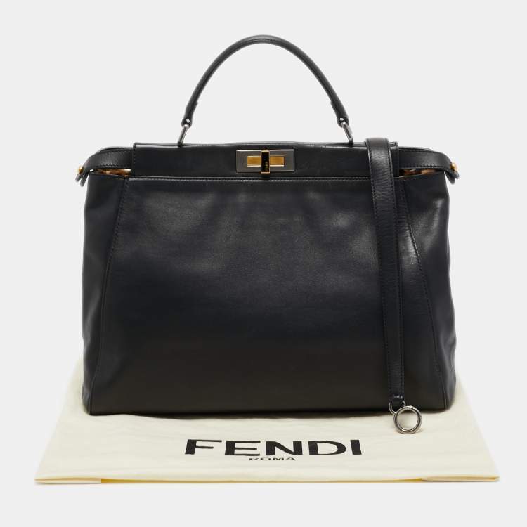 Pre Owned Fendi Black Leather w/ Calf Hair Lining Large Peekaboo Top Handle Bag
