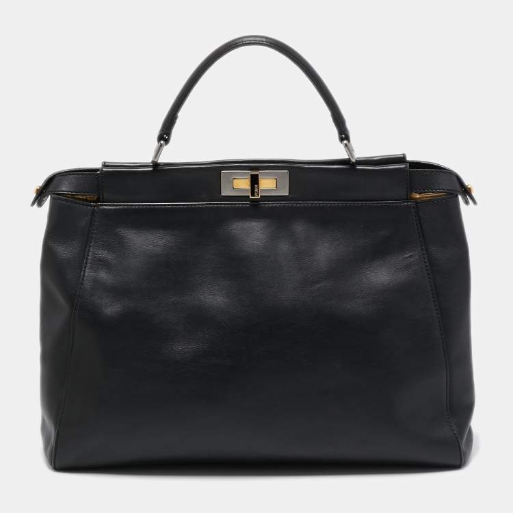 Pre Owned Fendi Black Leather w/ Calf Hair Lining Large Peekaboo Top Handle Bag